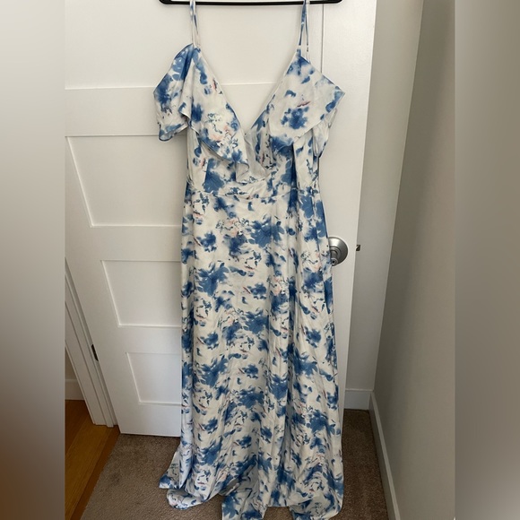 A-Line Light Blue Off-the-Shoulder Long Bridesmaid Dress with Slit